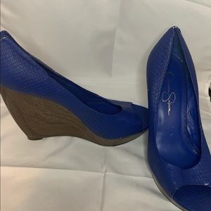 Royal Blue Leather Peep Toe Wedges